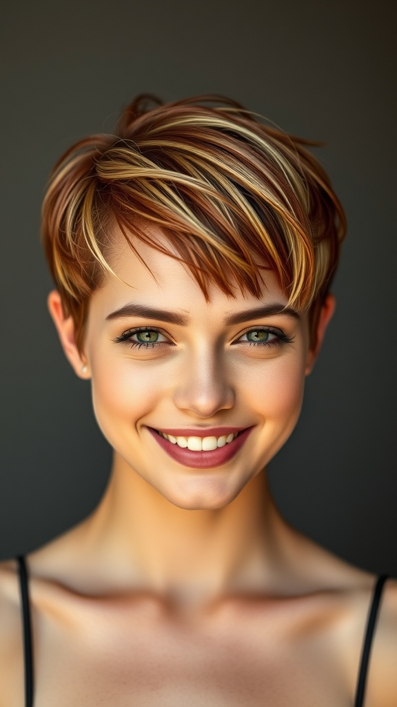 A woman with a pixie cut featuring copper hair and blonde highlights, smiling warmly.