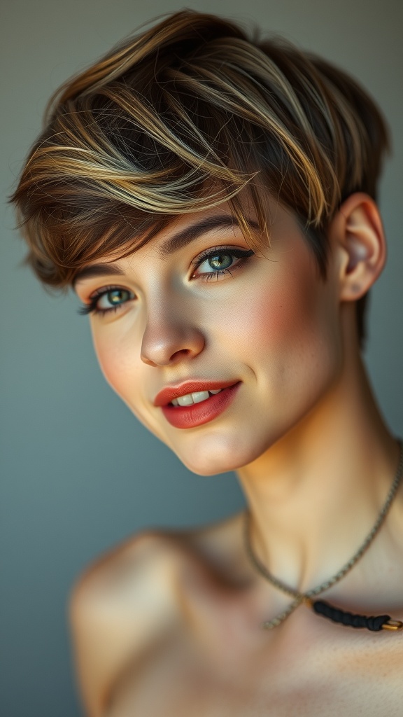 A close-up of a woman with a pixie cut featuring caramel blonde highlights on dark hair, showcasing a fresh and stylish look.