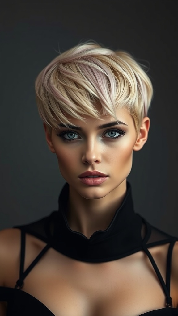 A woman with a stylish pixie cut featuring pink and blonde panels, showcasing a modern and chic hairstyle.