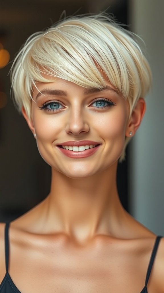 A woman with a pixie cut styled in creamy vanilla blonde hair, smiling with a side sweep.