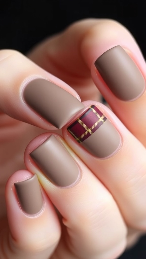 Close-up of plaid accent nails featuring burgundy, yellow, and black patterns on a neutral background.