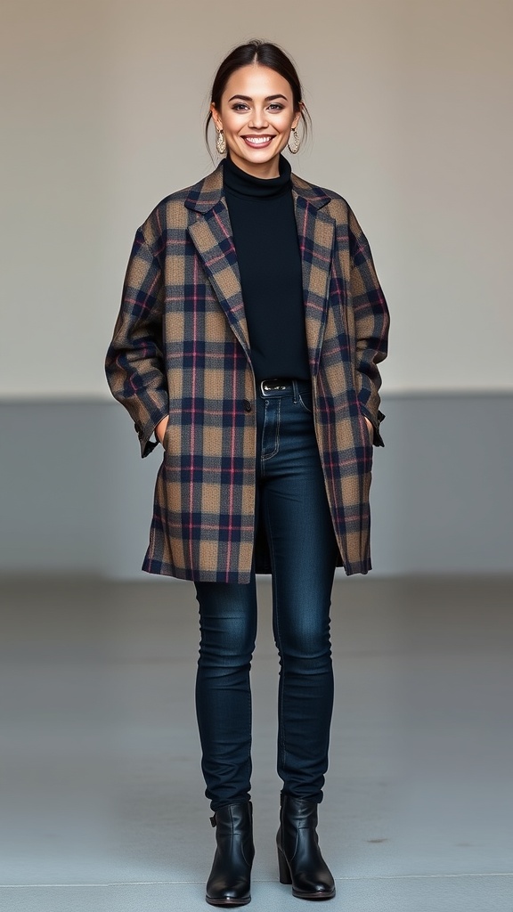 A woman wearing a plaid blazer, dark jeans, and ankle boots, smiling confidently.