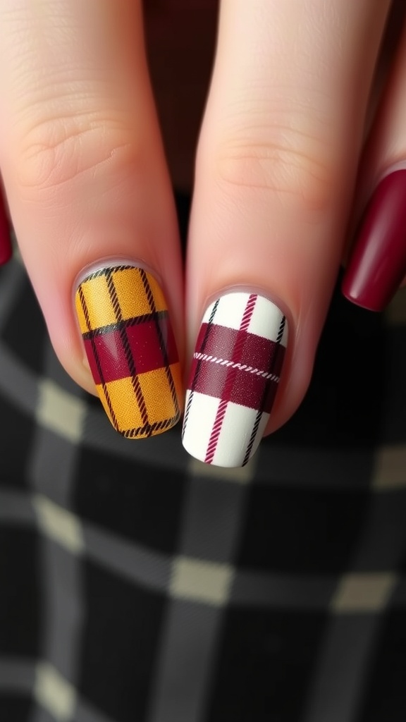 Nails featuring a plaid pattern in fall colors of yellow, burgundy, and white.