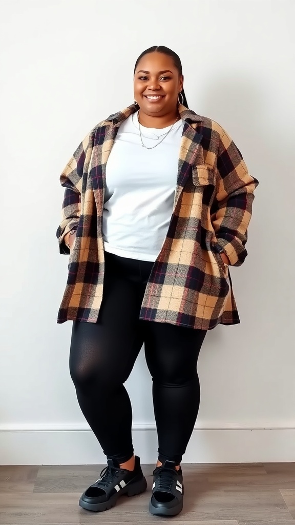 A smiling woman wearing a plaid shacket, black leggings, and platform sneakers, standing against a light background.