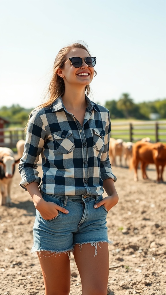 A woman smiling in a plaid shirt and denim shorts on a farm