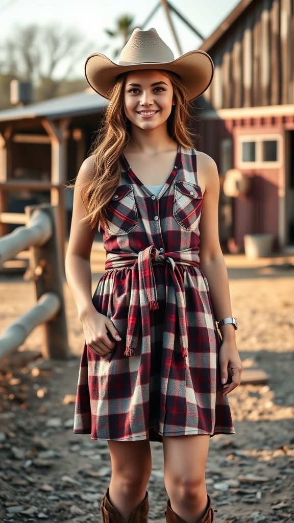 A young woman wearing a plaid shirt tied at the waist, cowboy hat, and boots, standing in a rustic outdoor setting.