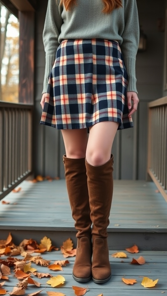 A woman wearing a plaid skirt and knee-high boots, standing on a porch with autumn leaves around.