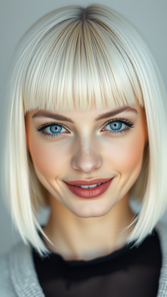 A woman with platinum blonde bob hairstyle and blue eyes, smiling softly.
