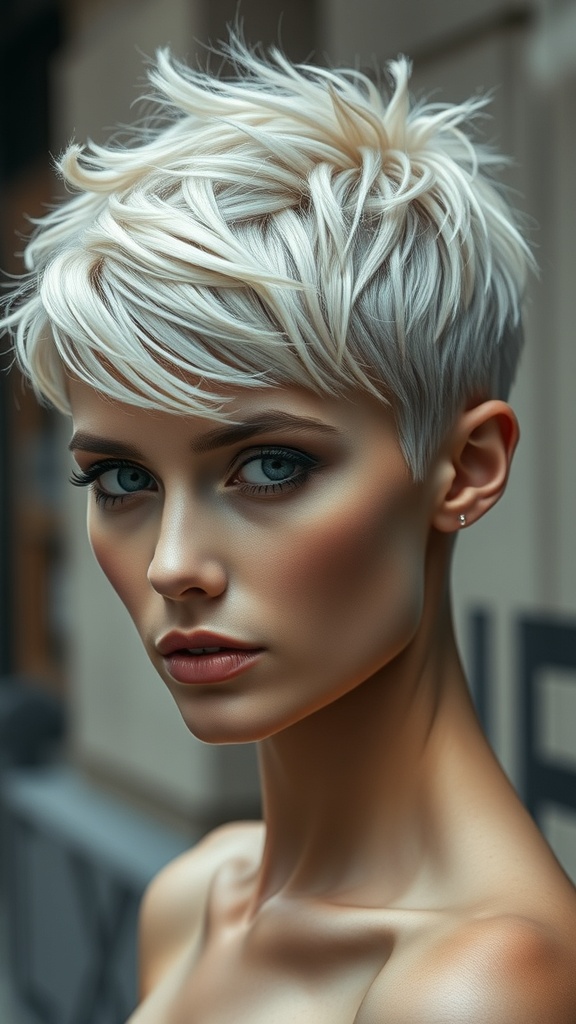 A model with a platinum blonde pixie cut, showcasing a modern and stylish look.