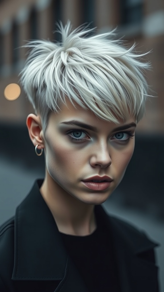 A model showcasing a platinum blonde undercut pixie hairstyle with choppy layers and an edgy undercut.