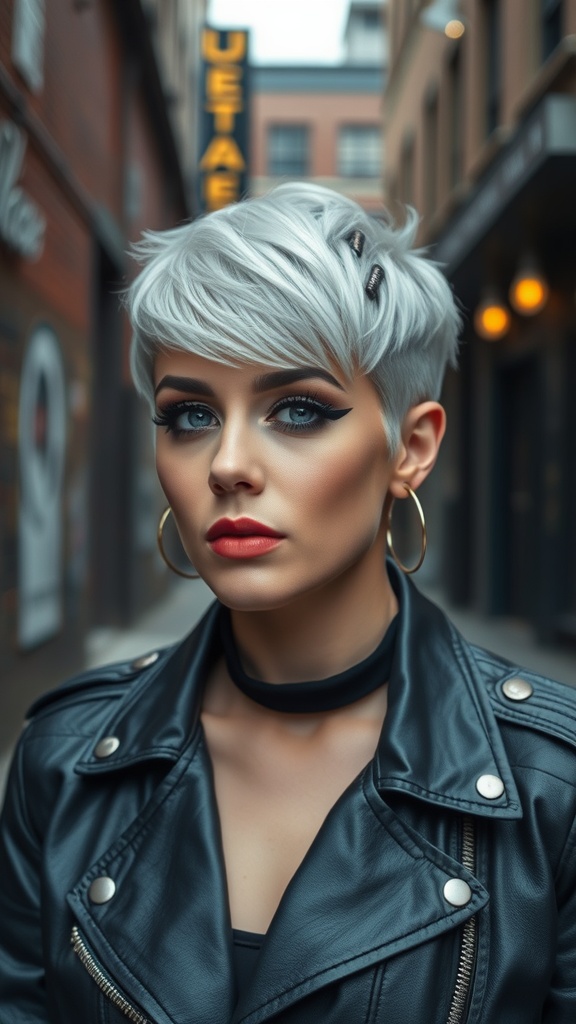 A person with a platinum pixie haircut wearing a black leather jacket, showcasing a modern glam look.