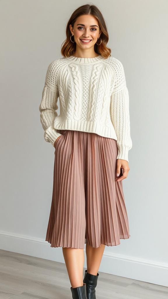 A woman wearing a cream knit sweater and a pleated midi skirt, styled with ankle boots.