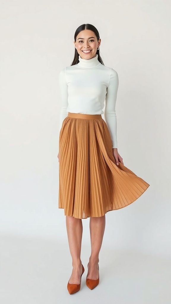 A woman wearing a pleated midi skirt with a turtleneck and flats, smiling at the camera.