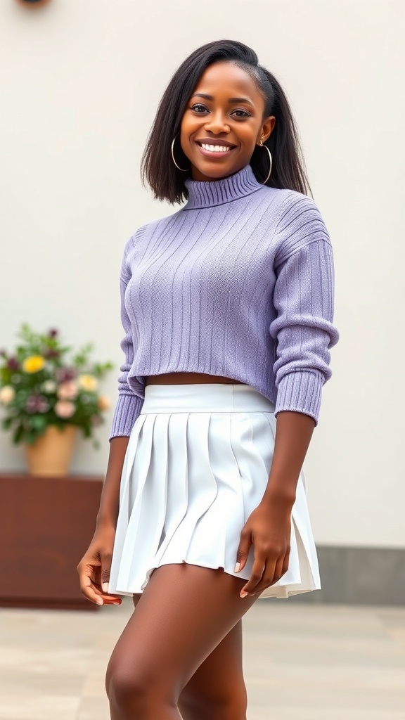 A woman smiling while wearing a pleated white mini skirt and a pastel purple sweater.