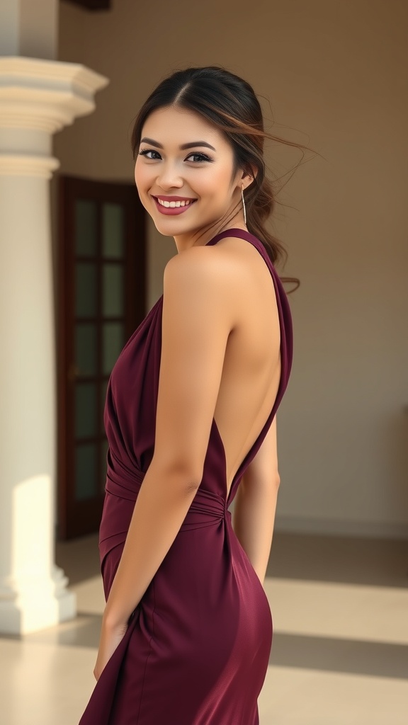 A woman wearing a plum draped halter dress, showcasing an elegant design with an open back.