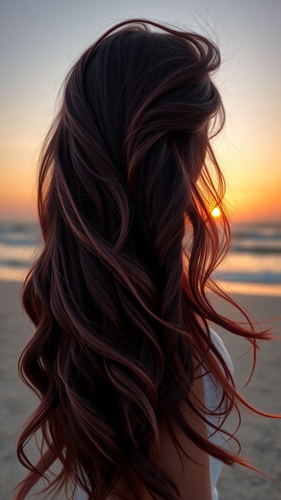 A person with dark wine red hair styled in waves, with the sun setting in the background.