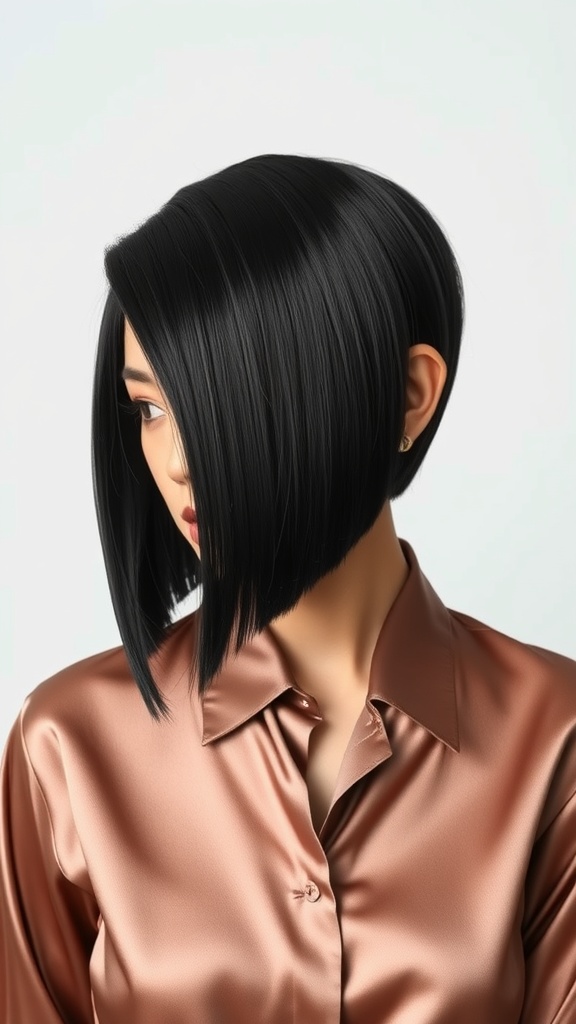 A woman with a polished sleek pixie haircut, wearing a shiny blouse.