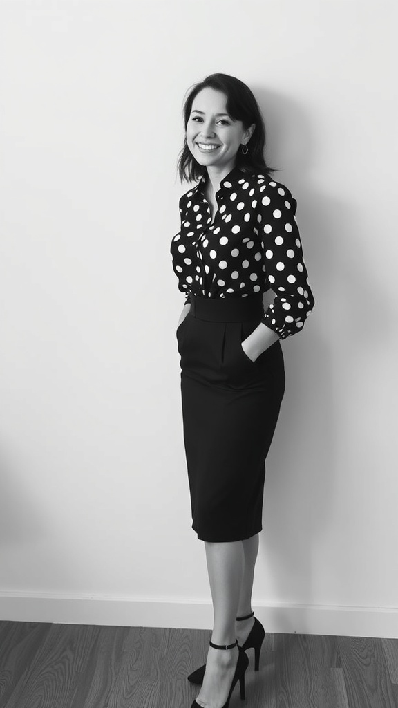 A woman smiling in a polka dot long sleeve blouse and a black pencil skirt, standing against a plain background.