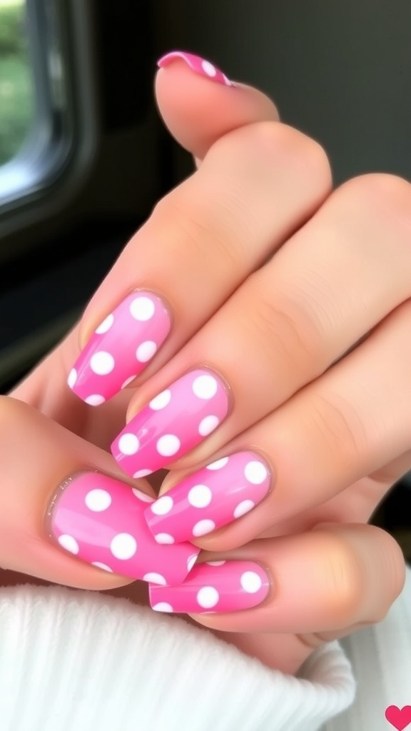 Nails painted in pink with white polka dots, showcasing a fun and playful design.