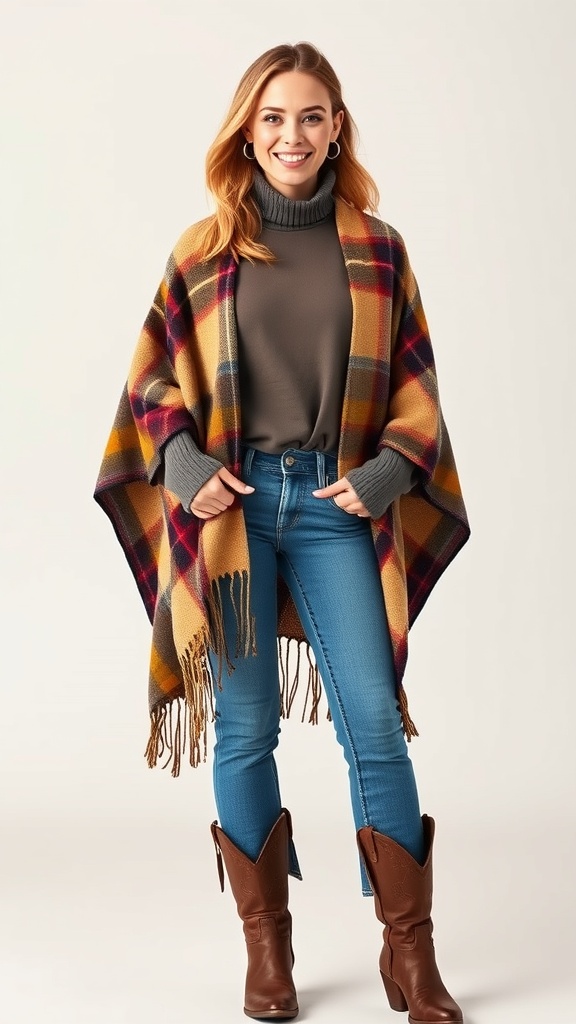 A woman wearing a poncho cape, flared jeans, and brown booties, smiling at the camera.