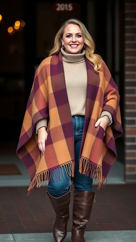 A woman wearing a plaid poncho cape over a turtleneck and fitted jeans, smiling outdoors.