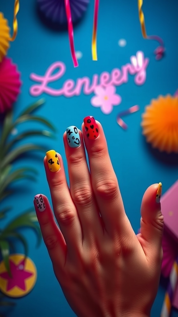 Colorful pop art inspired birthday nails with playful designs.