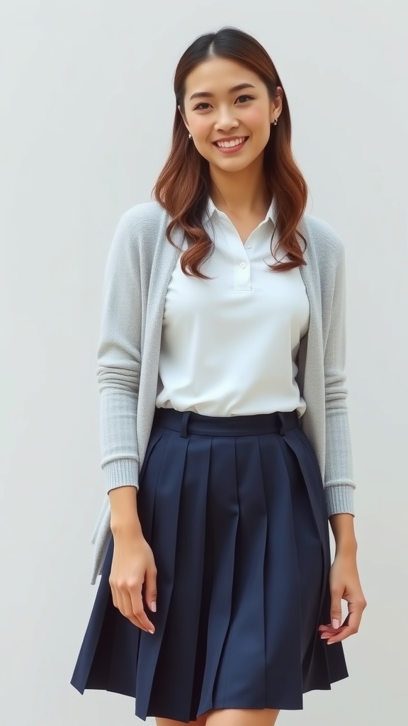 A woman smiling in a preppy outfit featuring a pleated skirt and a polo shirt, with a cardigan.