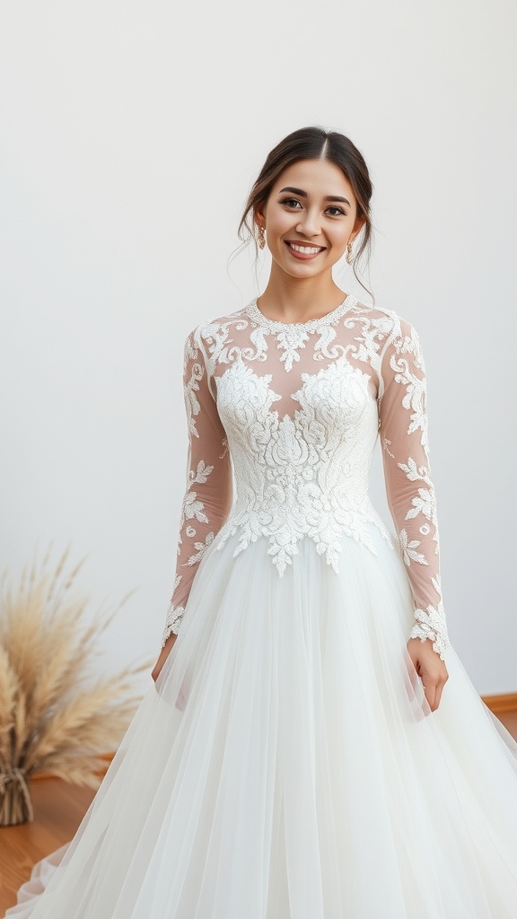 A bride wearing a lace long sleeve wedding dress with a beaded bodice, smiling in a bright setting.