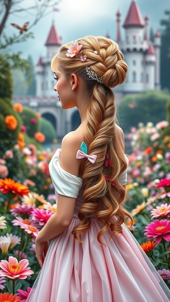 A girl with a princess-style ponytail adorned with ribbons, standing in a garden with colorful flowers and a castle in the background.
