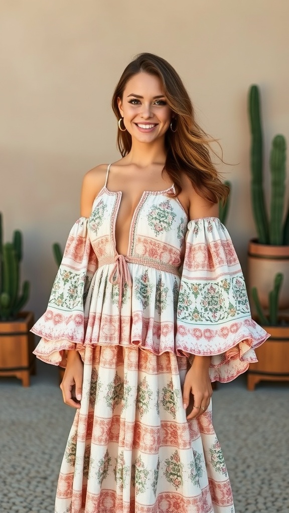 A woman wearing a printed boho long sleeve maxi dress with a tiered skirt, smiling in front of cacti.