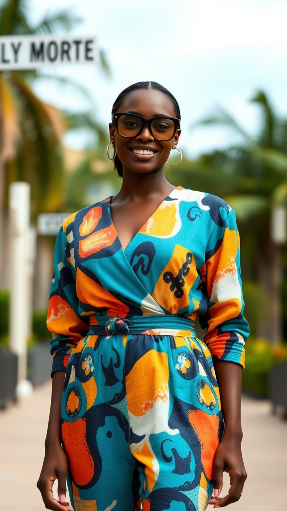 A woman wearing a colorful printed jumpsuit with a belted waist, smiling outdoors.