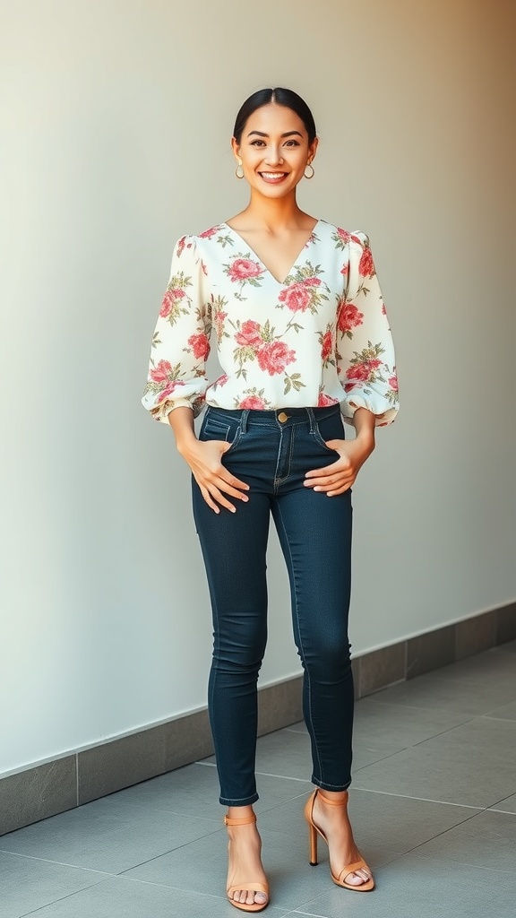 A woman wearing a floral printed long sleeve blouse and dark jeans, smiling confidently.
