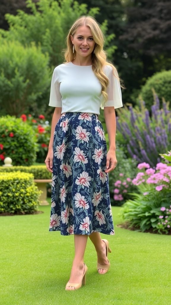 A stylish outfit featuring a printed midi skirt and a fitted top, perfect for summer interviews.