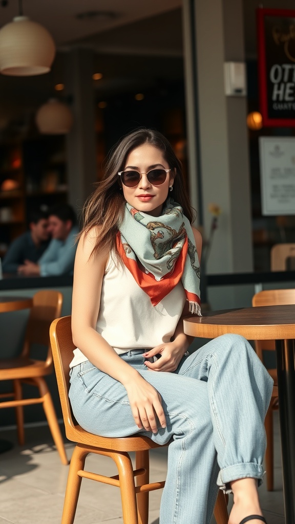 A woman wearing baggy jeans and a printed scarf, sitting in a cafe.