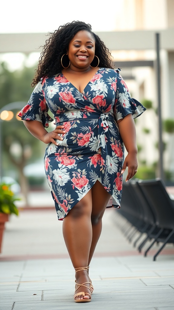 A woman wearing a floral printed wrap dress and statement earrings, smiling confidently.