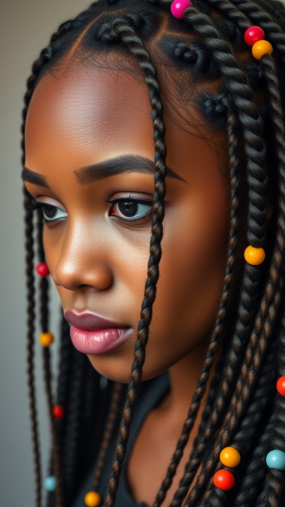 Close-up of a girl with protective braids decorated with colorful beads.