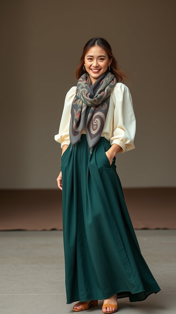A woman in a puff sleeve blouse and a maxi skirt, wearing a stylish scarf.
