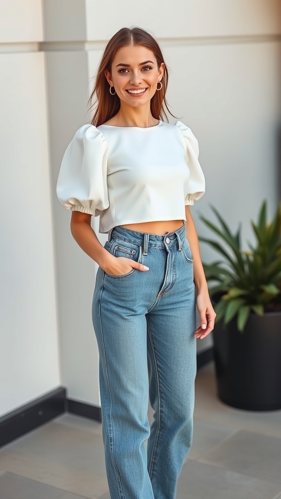 A woman wearing a white puff sleeve top and blue high-waisted jeans, smiling in a modern setting.