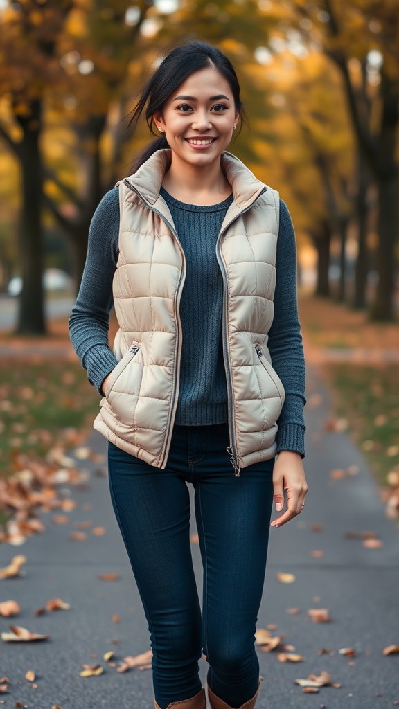 A person wearing a beige puffer vest over a gray henley top, smiling while walking on a leaf-covered path.