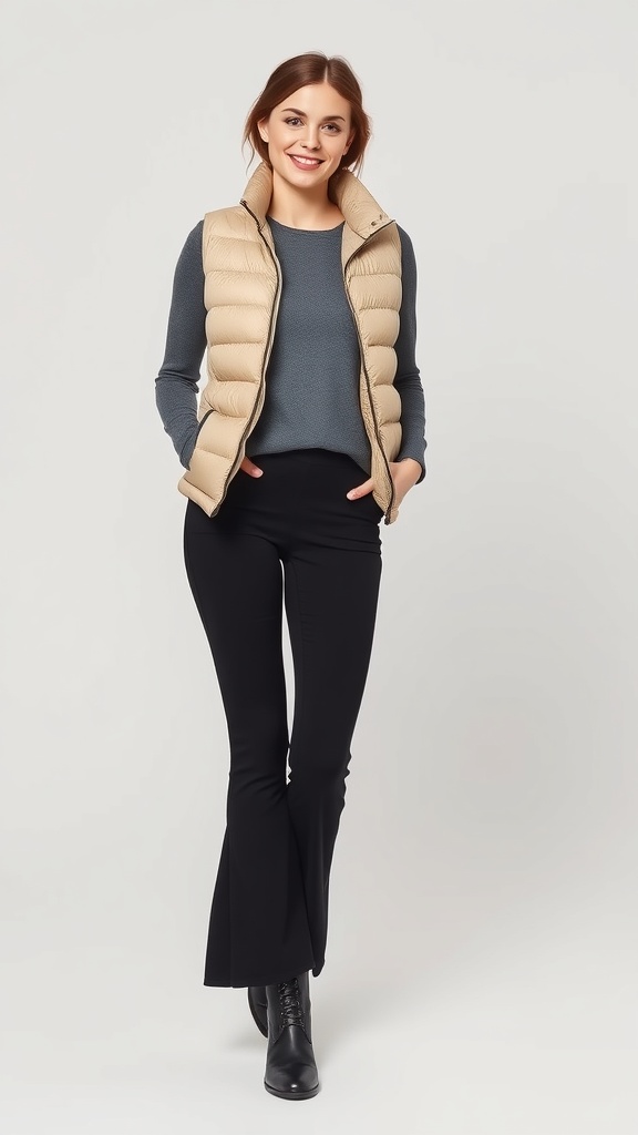 A woman wearing a beige puffer vest over a long sleeve blue tee and black flare leggings, walking confidently.