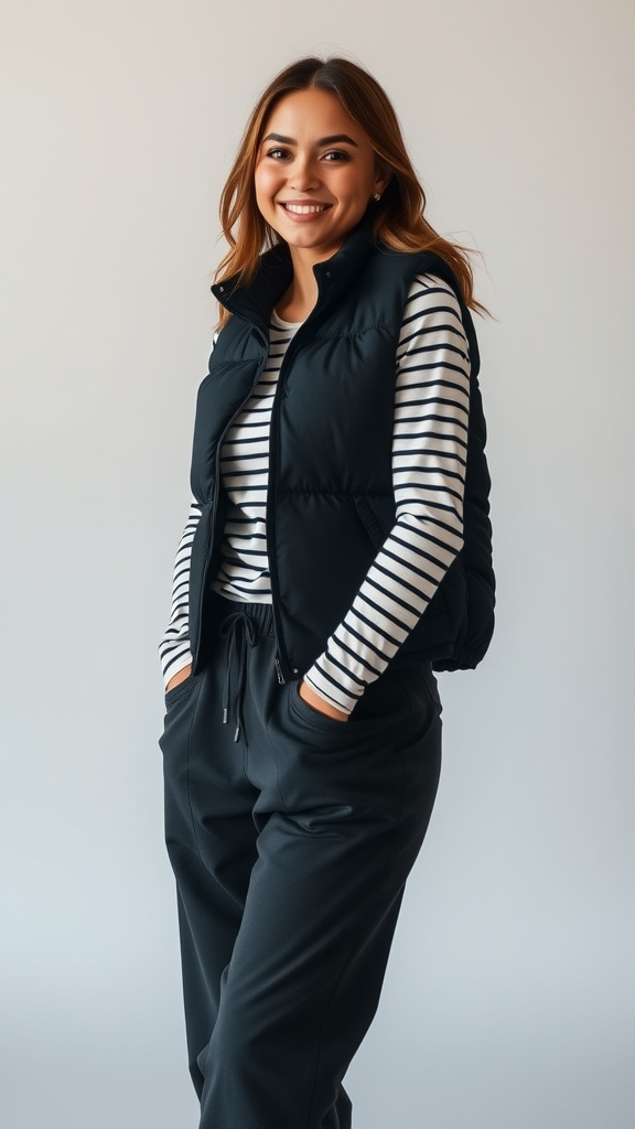 A woman smiling while wearing a black puffer vest over a striped long sleeve tee and joggers.