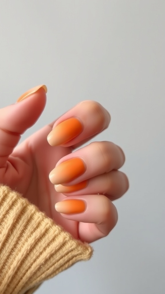 A hand showing off pumpkin spice gradient nails with warm orange tones.