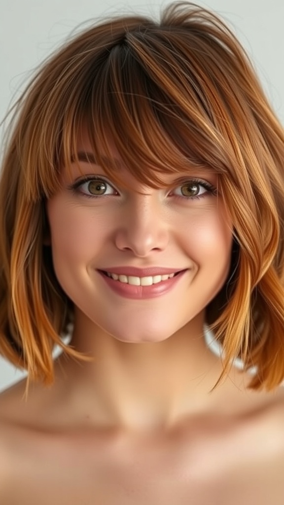 A woman with a pumpkin spice toned lob hairstyle, featuring warm hair tones and a bright smile.