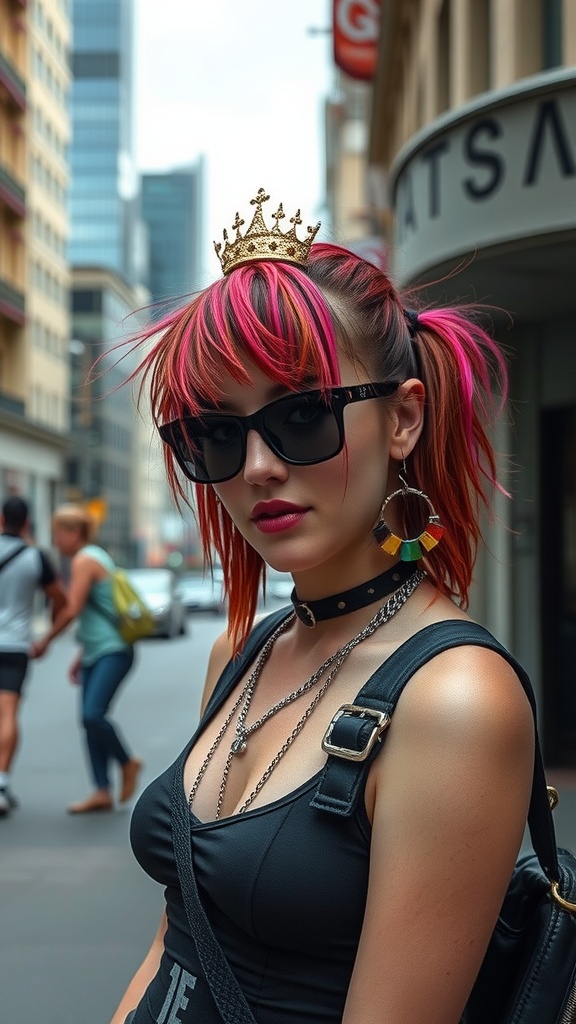 A woman with punky layered hair, wearing sunglasses and a crown, showcasing a vibrant 90s style.