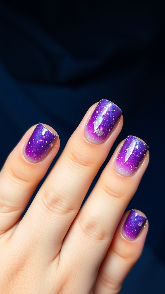 Nails featuring a purple to blue ombre design with stardust accents.