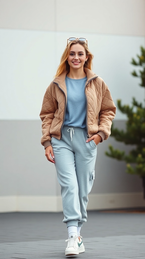 A woman wearing a quilted jacket and sweatpants, smiling while walking outdoors.
