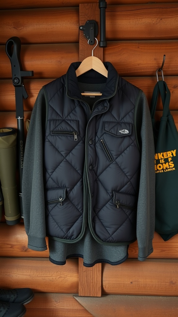 A quilted vest hanging on a wooden wall, paired with a long sleeve top, showcasing cozy cabin outfit ideas.