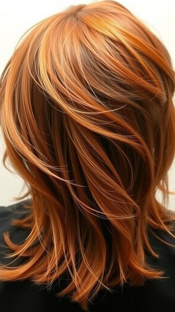 A hairstyle featuring radiant copper tones with dimensional layers, showcasing warm hair tones.