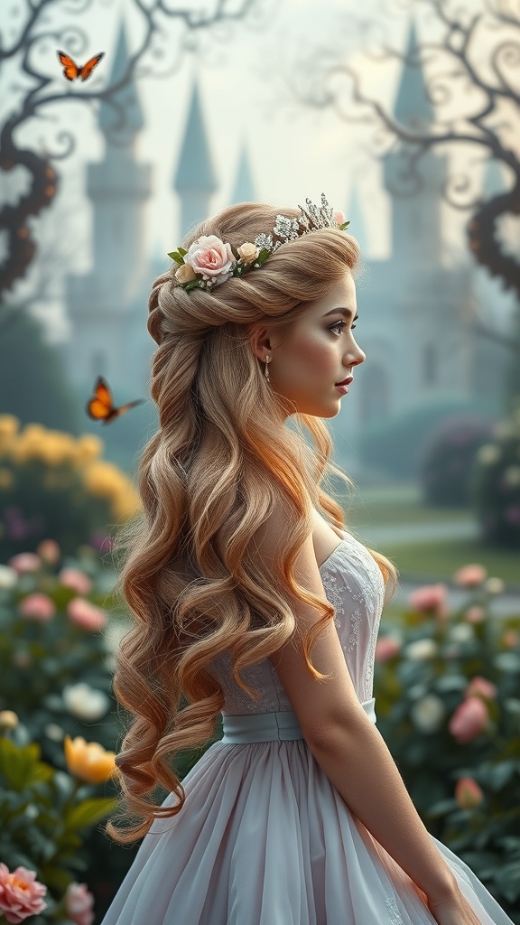 A woman with soft curls and a twisted halo hairstyle, adorned with flowers, set against a fairytale castle backdrop.