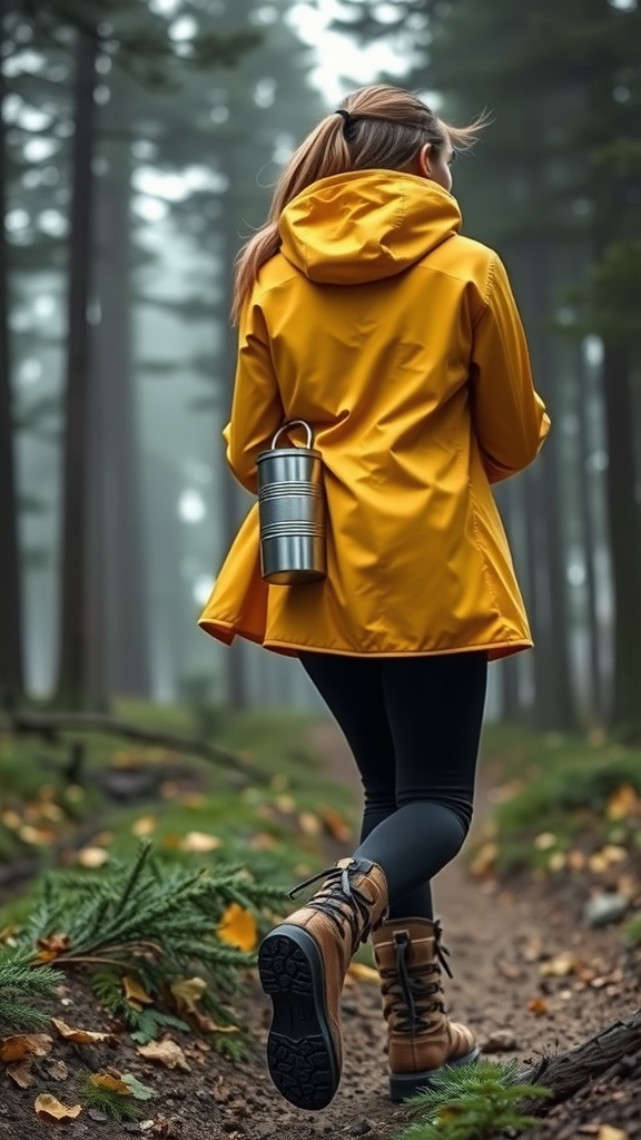 A person wearing a yellow rain jacket and black leggings walking on a forest path.